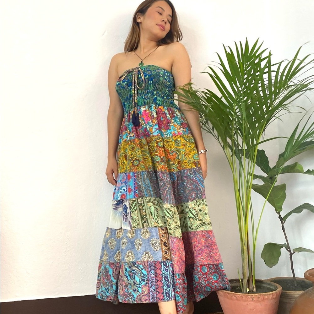Smocked Ruched Patchwork Boho Dress Skirt - Picture 15 of 17